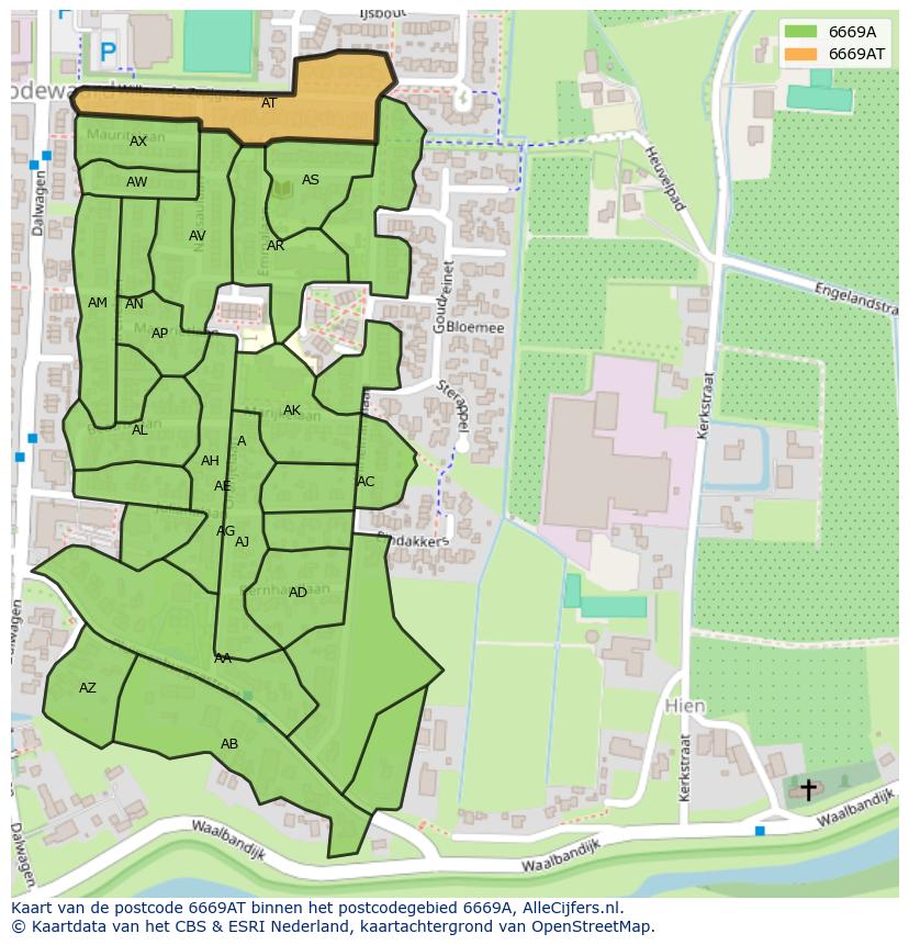 Afbeelding van het postcodegebied 6669 AT op de kaart.