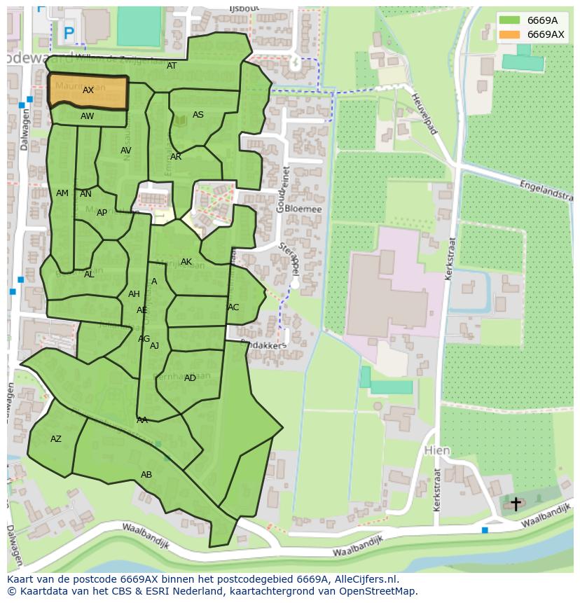 Afbeelding van het postcodegebied 6669 AX op de kaart.