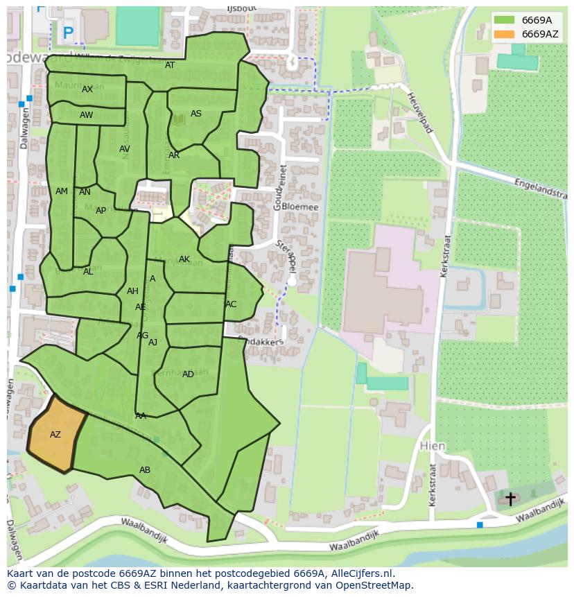 Afbeelding van het postcodegebied 6669 AZ op de kaart.
