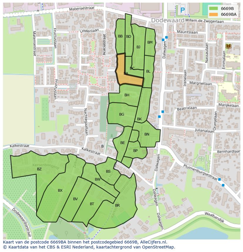 Afbeelding van het postcodegebied 6669 BA op de kaart.