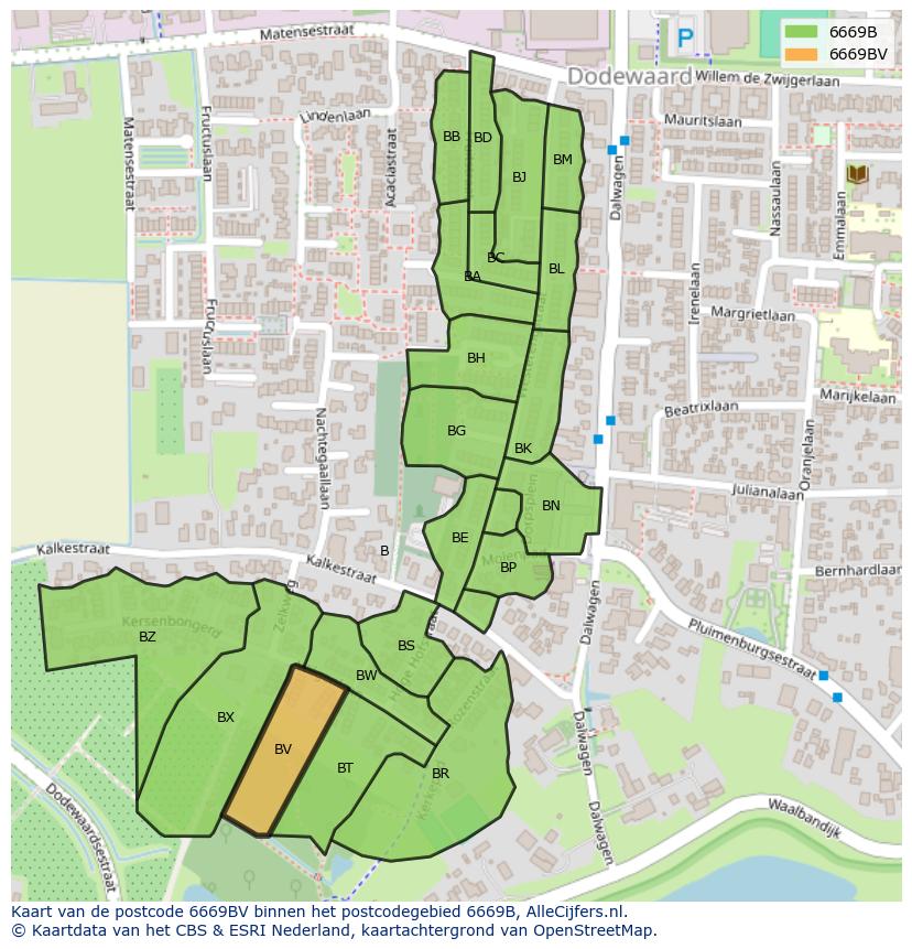 Afbeelding van het postcodegebied 6669 BV op de kaart.