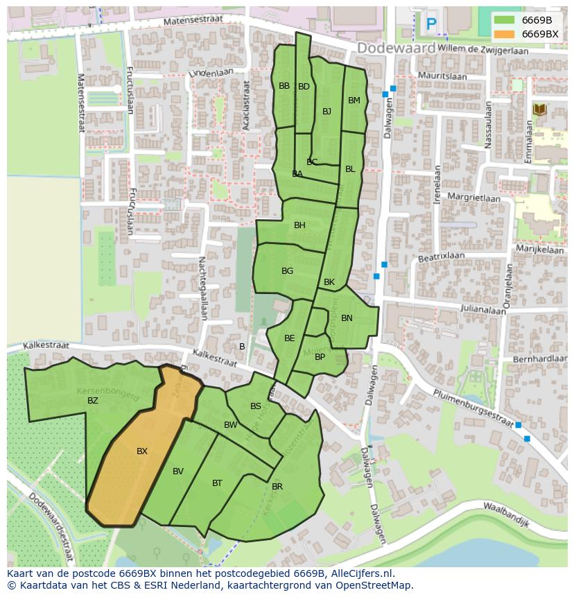 Afbeelding van het postcodegebied 6669 BX op de kaart.