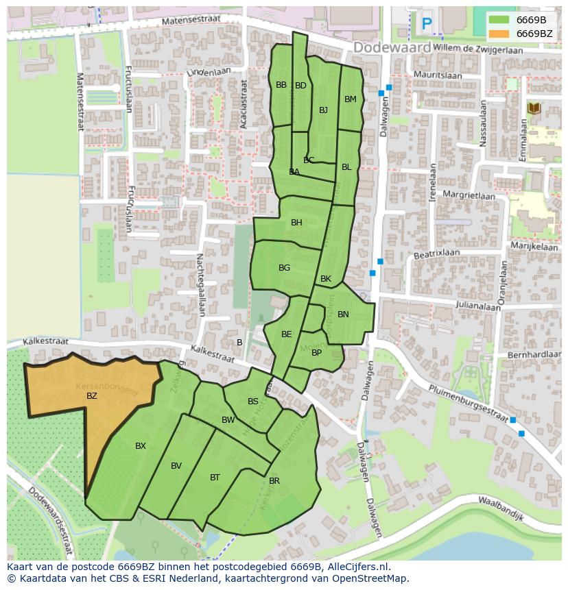 Afbeelding van het postcodegebied 6669 BZ op de kaart.