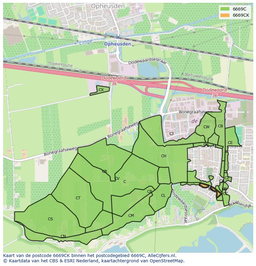 Afbeelding van het postcodegebied 6669 CK op de kaart.