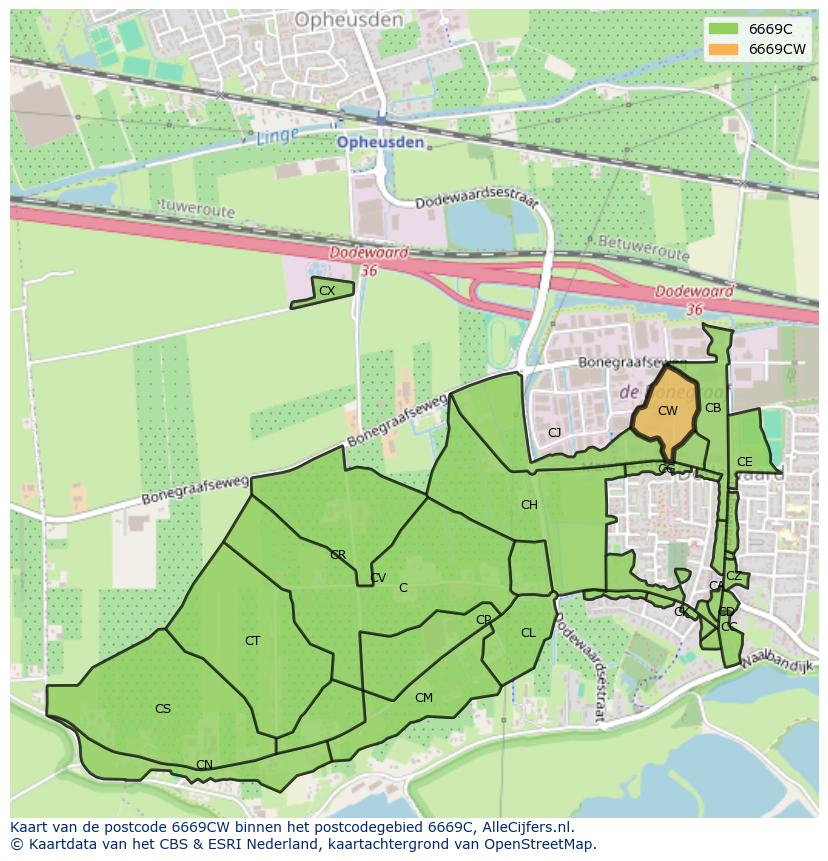 Afbeelding van het postcodegebied 6669 CW op de kaart.
