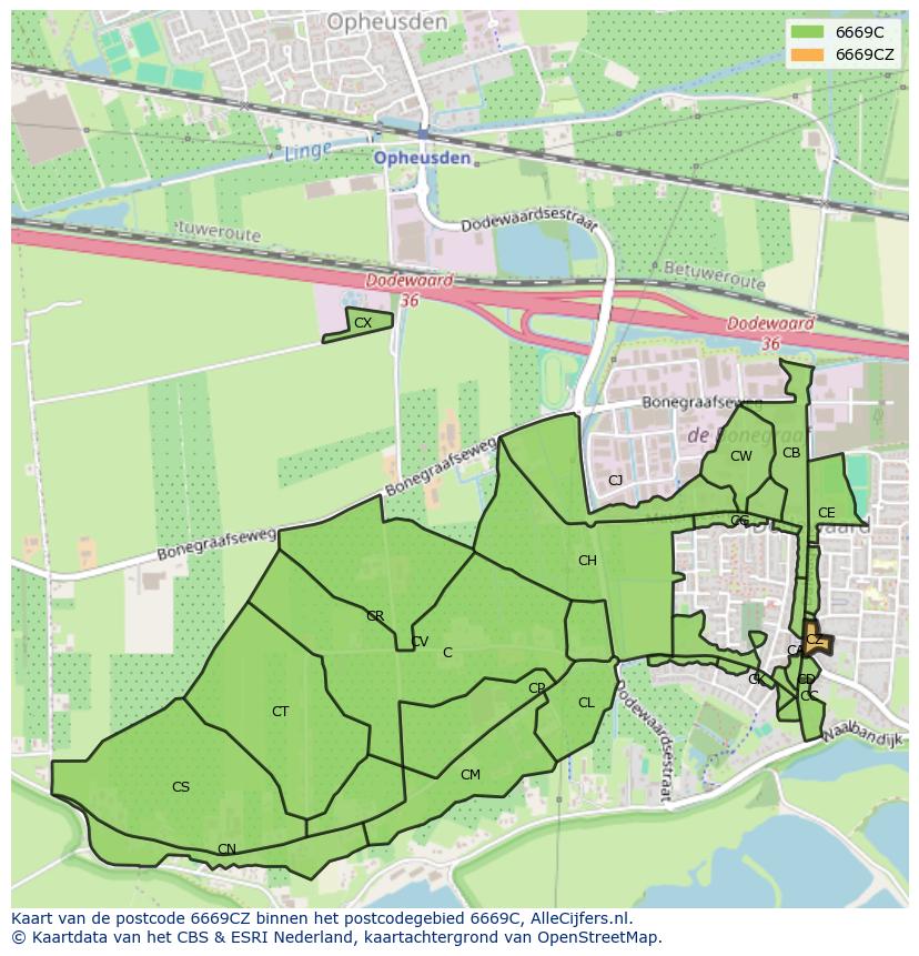 Afbeelding van het postcodegebied 6669 CZ op de kaart.