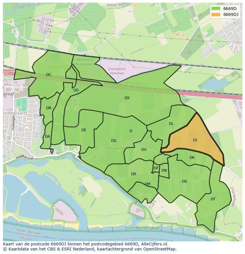 Afbeelding van het postcodegebied 6669 DJ op de kaart.