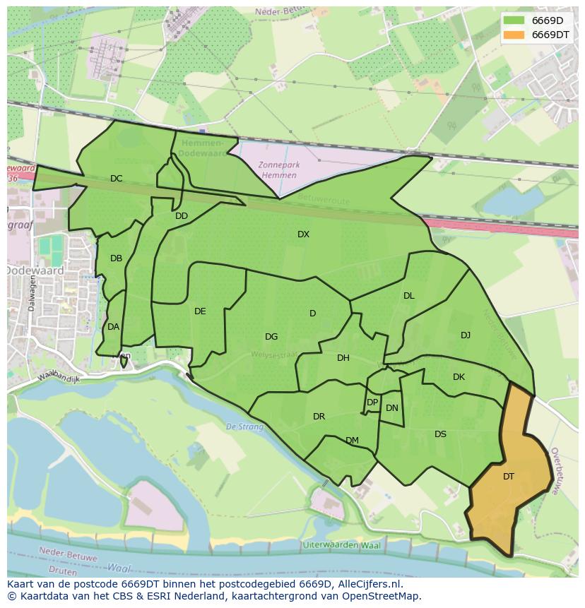 Afbeelding van het postcodegebied 6669 DT op de kaart.