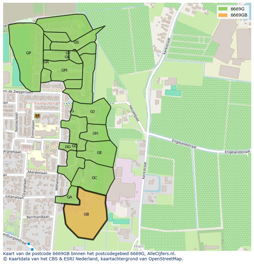 Afbeelding van het postcodegebied 6669 GB op de kaart.