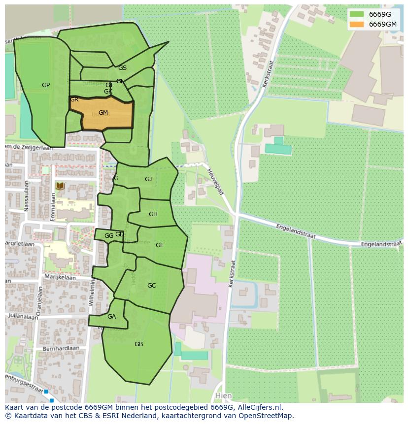 Afbeelding van het postcodegebied 6669 GM op de kaart.