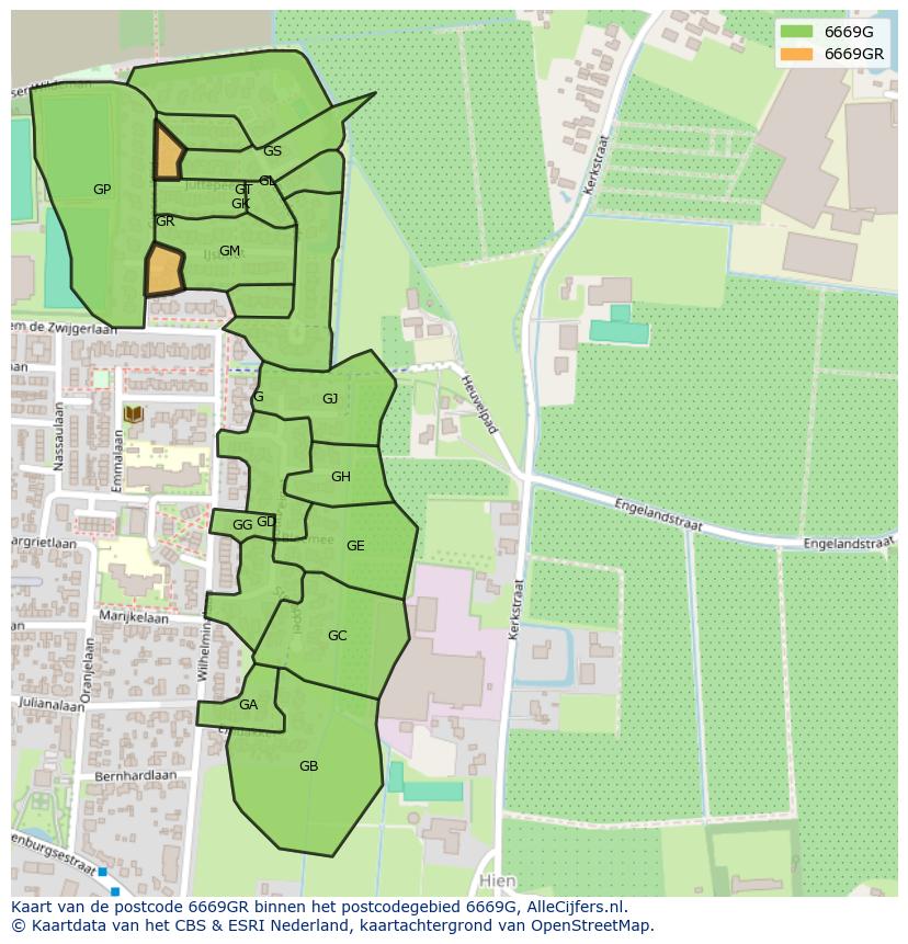 Afbeelding van het postcodegebied 6669 GR op de kaart.