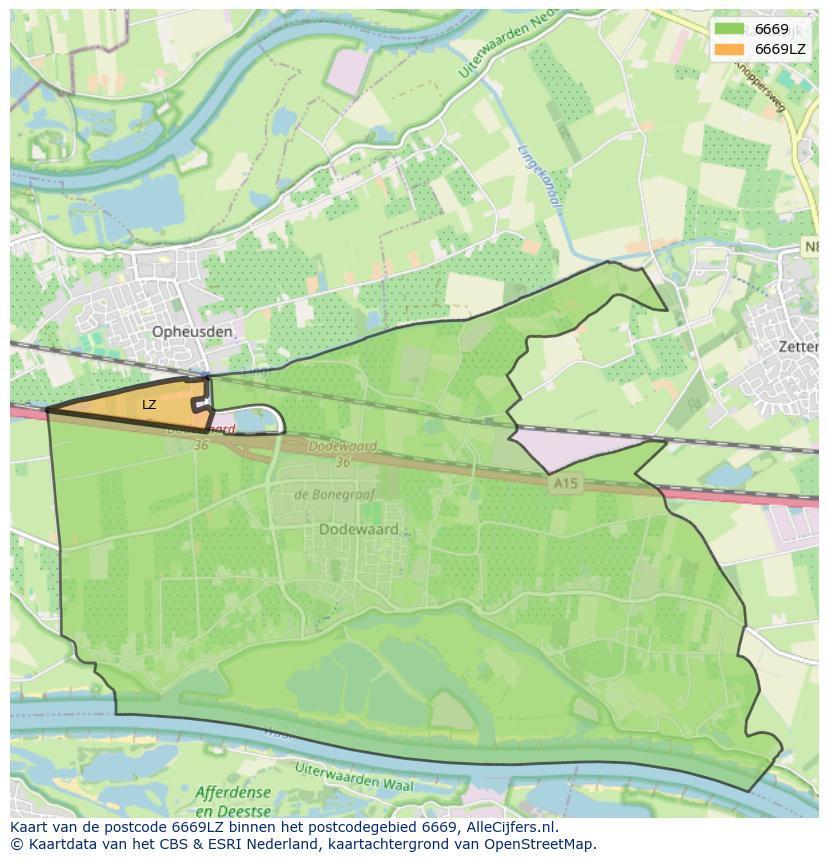Afbeelding van het postcodegebied 6669 LZ op de kaart.
