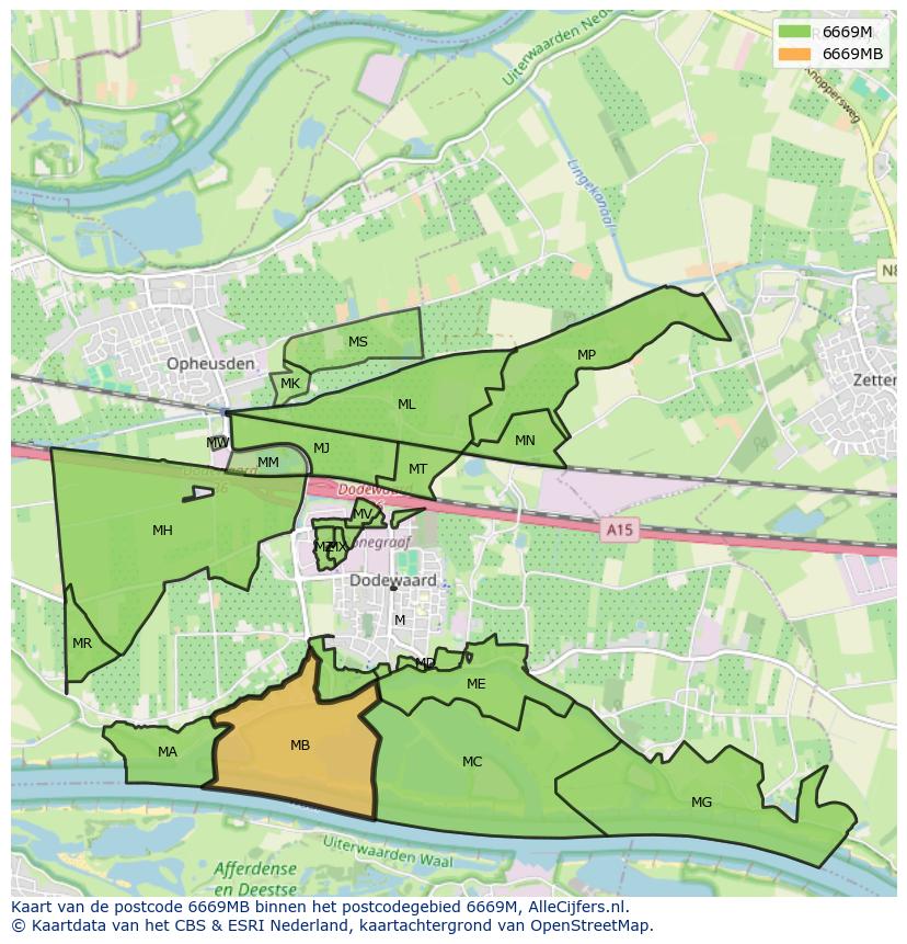 Afbeelding van het postcodegebied 6669 MB op de kaart.