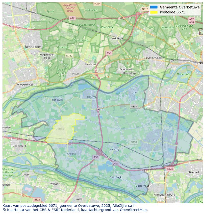Afbeelding van het postcodegebied 6671 op de kaart.