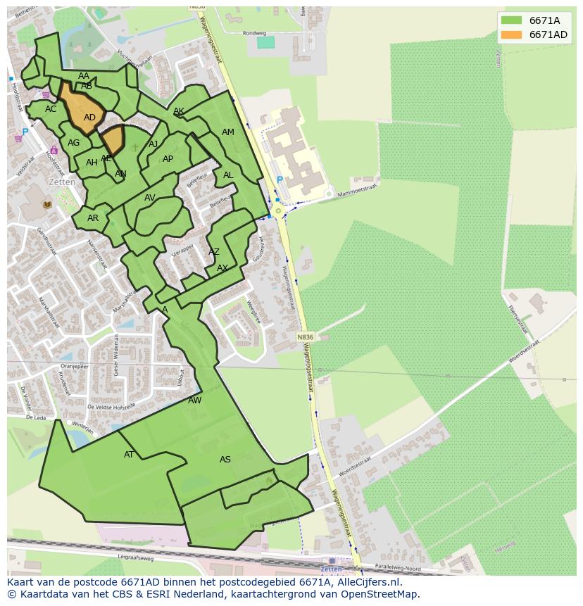 Afbeelding van het postcodegebied 6671 AD op de kaart.