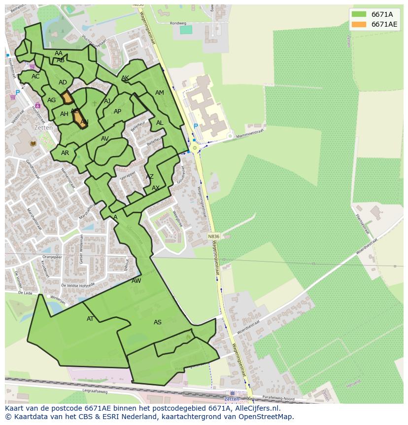 Afbeelding van het postcodegebied 6671 AE op de kaart.