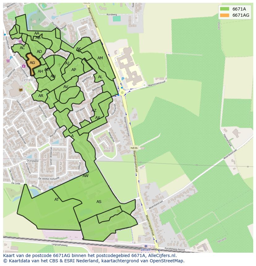 Afbeelding van het postcodegebied 6671 AG op de kaart.