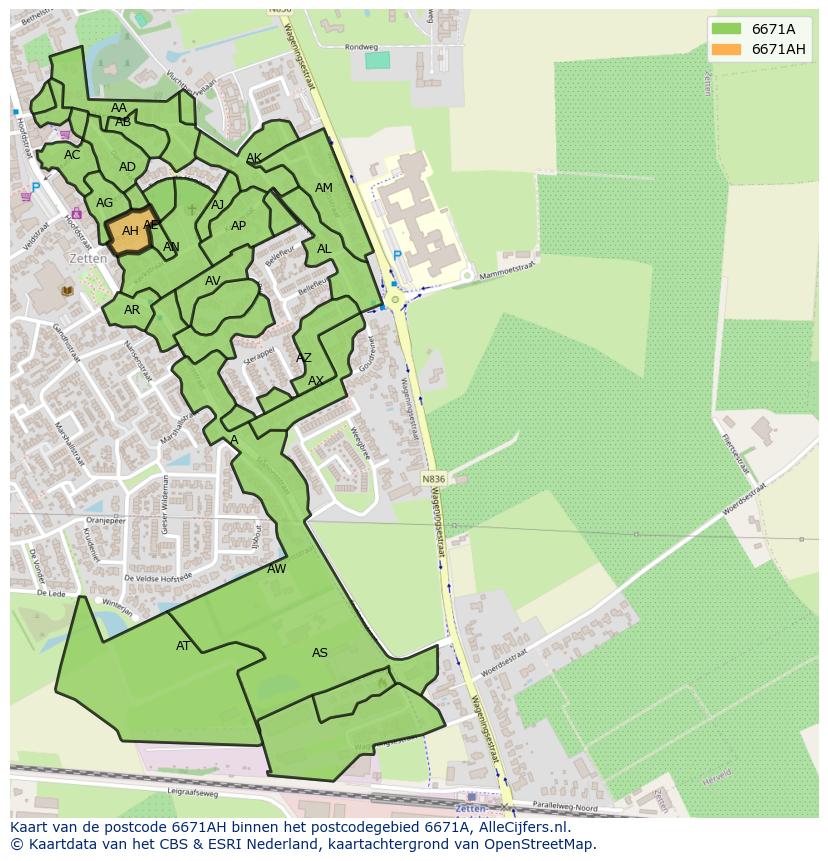 Afbeelding van het postcodegebied 6671 AH op de kaart.