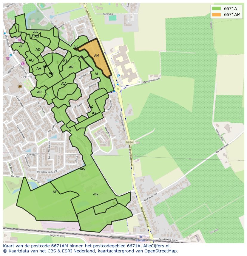 Afbeelding van het postcodegebied 6671 AM op de kaart.