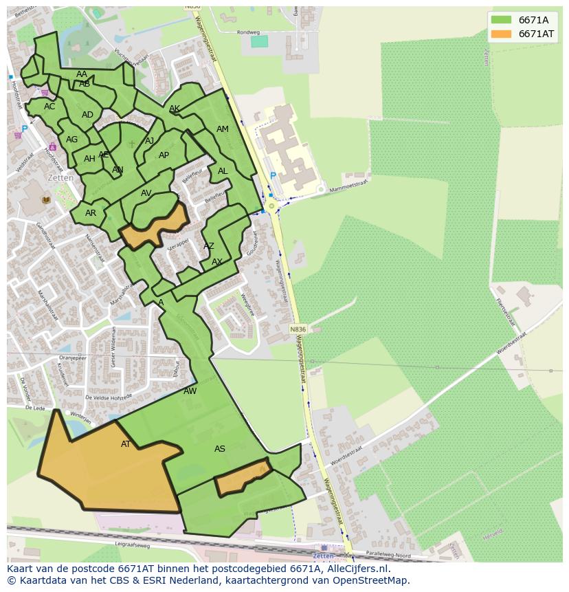 Afbeelding van het postcodegebied 6671 AT op de kaart.