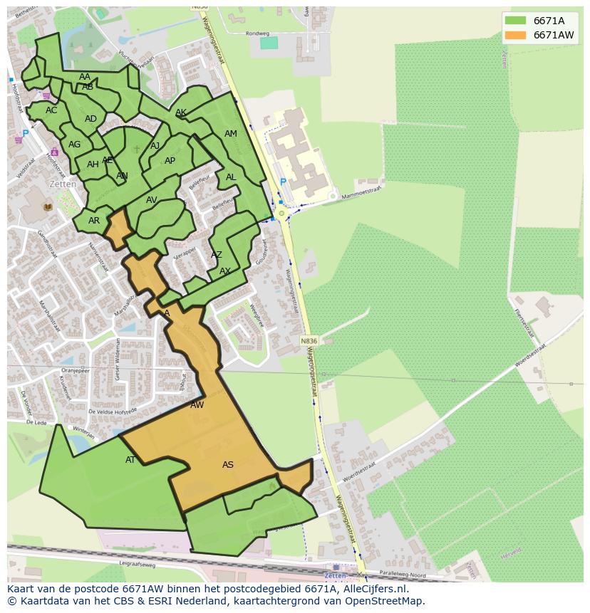 Afbeelding van het postcodegebied 6671 AW op de kaart.