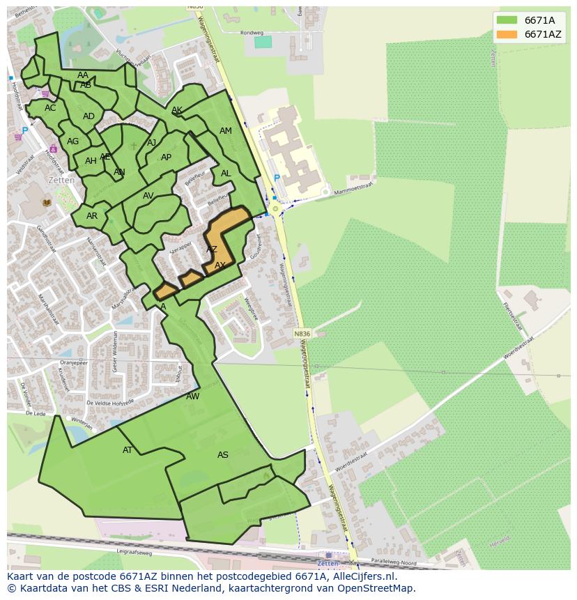 Afbeelding van het postcodegebied 6671 AZ op de kaart.