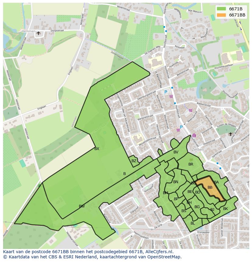 Afbeelding van het postcodegebied 6671 BB op de kaart.