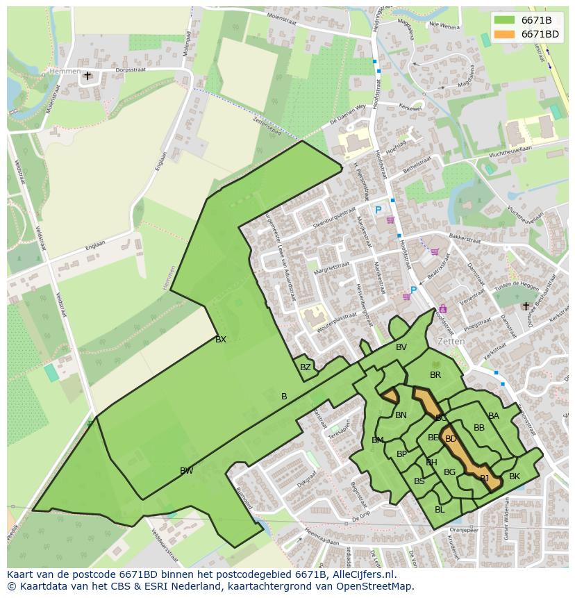 Afbeelding van het postcodegebied 6671 BD op de kaart.