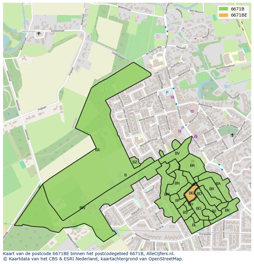 Afbeelding van het postcodegebied 6671 BE op de kaart.