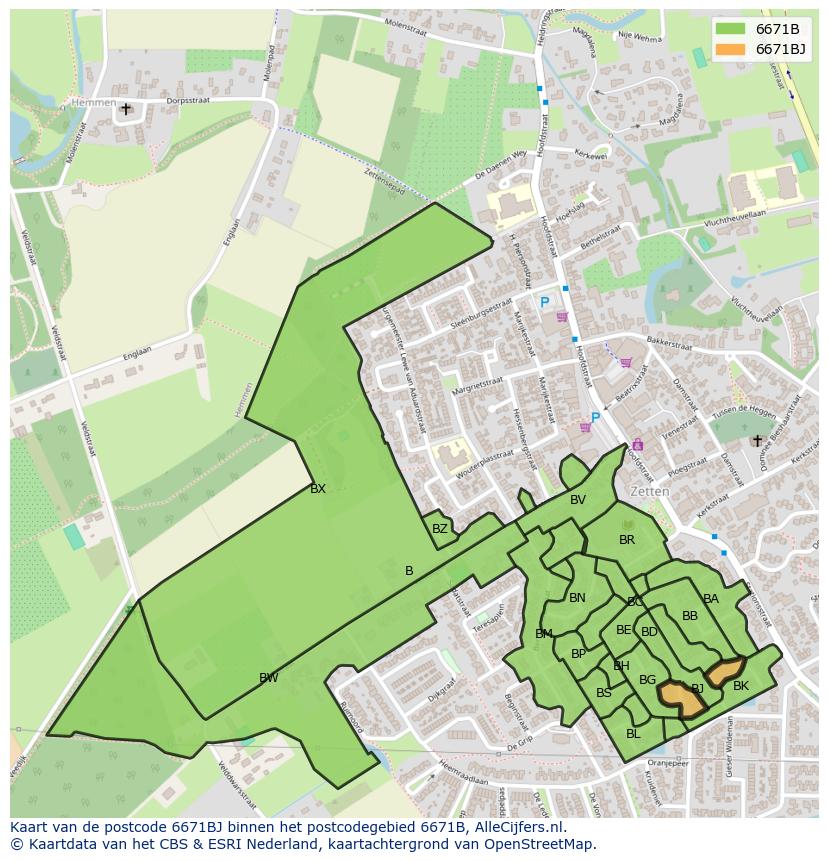 Afbeelding van het postcodegebied 6671 BJ op de kaart.