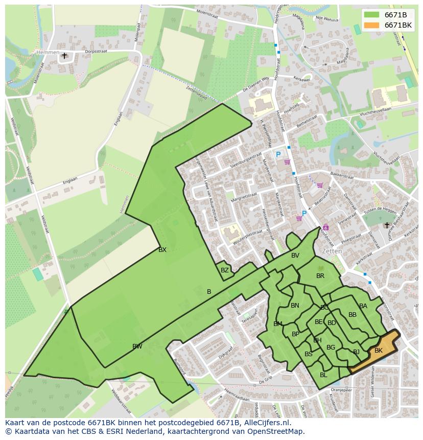 Afbeelding van het postcodegebied 6671 BK op de kaart.