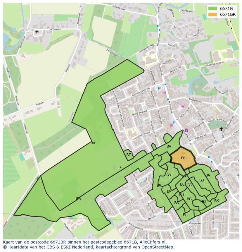 Afbeelding van het postcodegebied 6671 BR op de kaart.