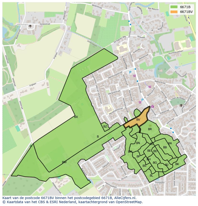 Afbeelding van het postcodegebied 6671 BV op de kaart.