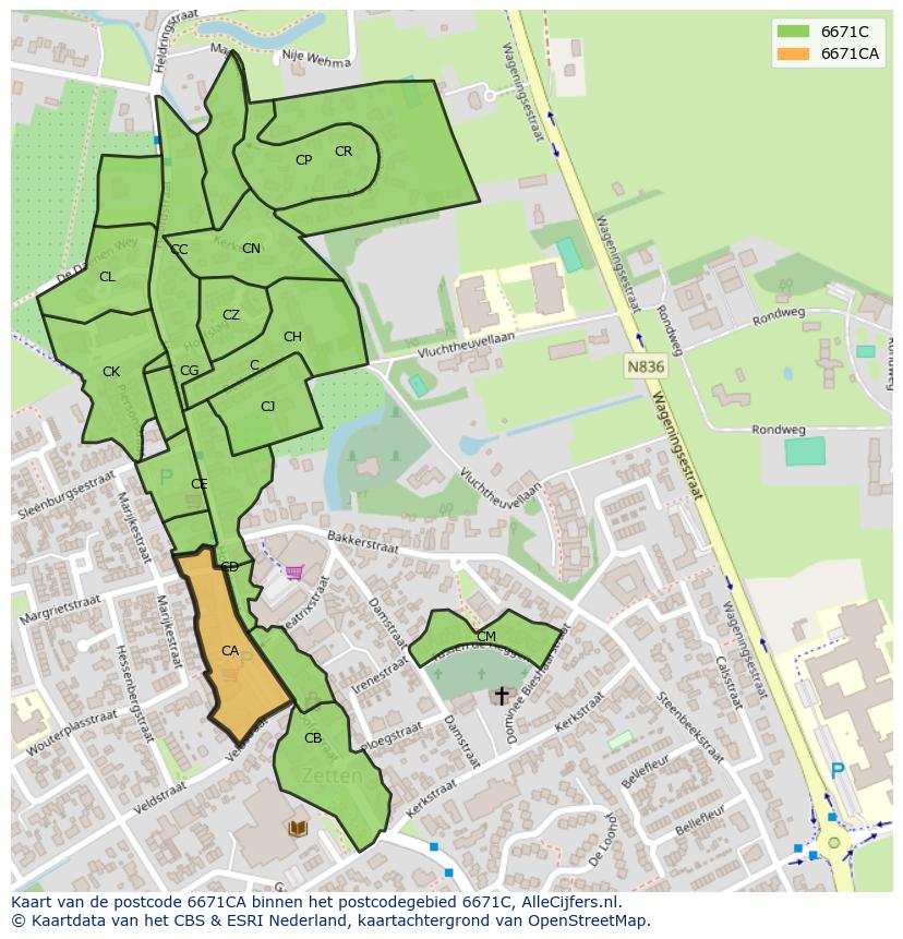 Afbeelding van het postcodegebied 6671 CA op de kaart.