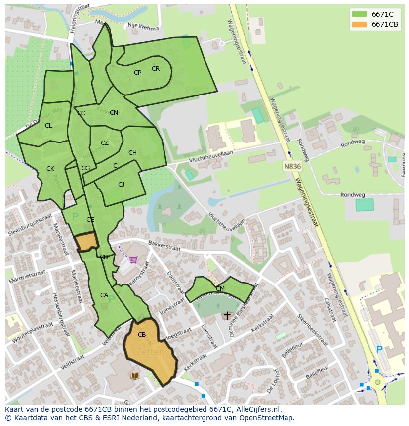 Afbeelding van het postcodegebied 6671 CB op de kaart.