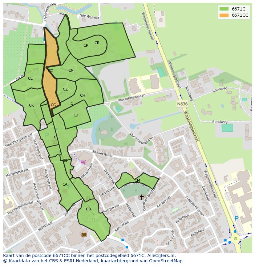 Afbeelding van het postcodegebied 6671 CC op de kaart.