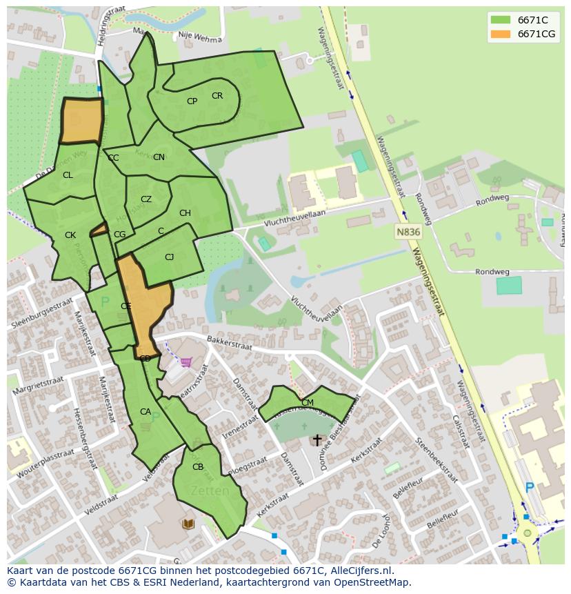 Afbeelding van het postcodegebied 6671 CG op de kaart.