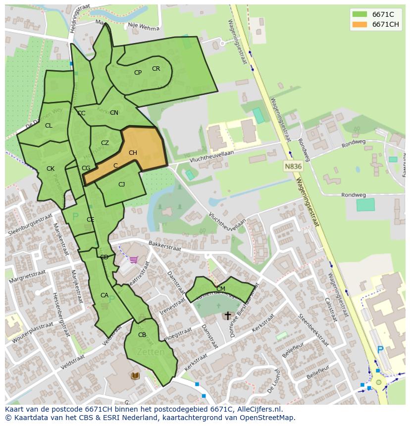 Afbeelding van het postcodegebied 6671 CH op de kaart.