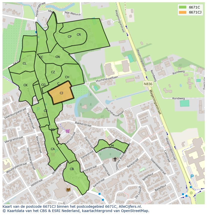 Afbeelding van het postcodegebied 6671 CJ op de kaart.