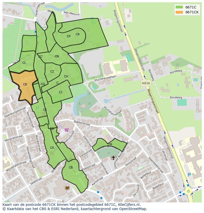 Afbeelding van het postcodegebied 6671 CK op de kaart.