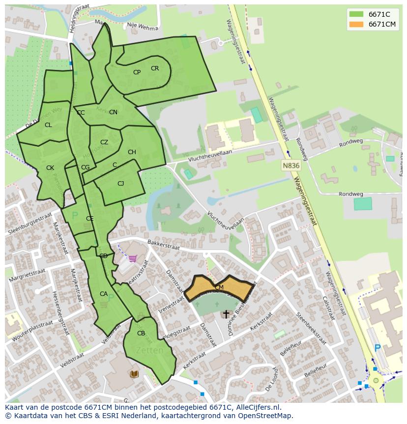 Afbeelding van het postcodegebied 6671 CM op de kaart.