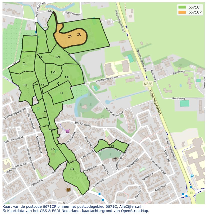 Afbeelding van het postcodegebied 6671 CP op de kaart.