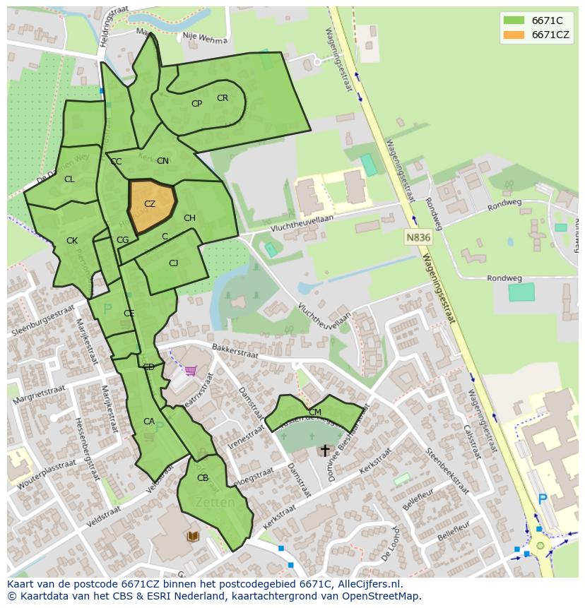 Afbeelding van het postcodegebied 6671 CZ op de kaart.