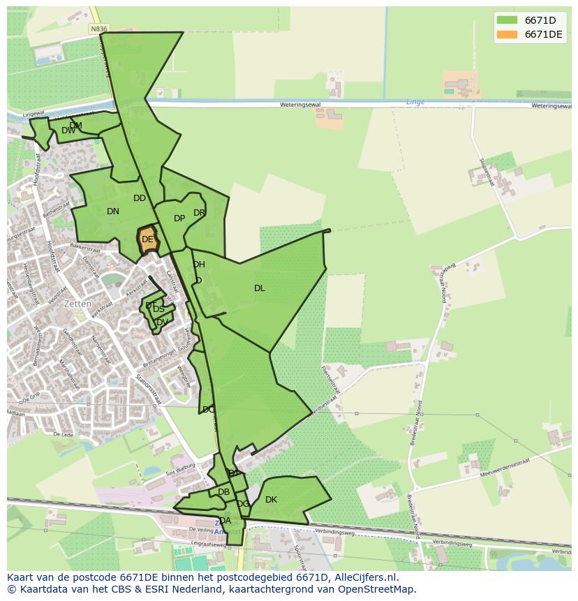 Afbeelding van het postcodegebied 6671 DE op de kaart.