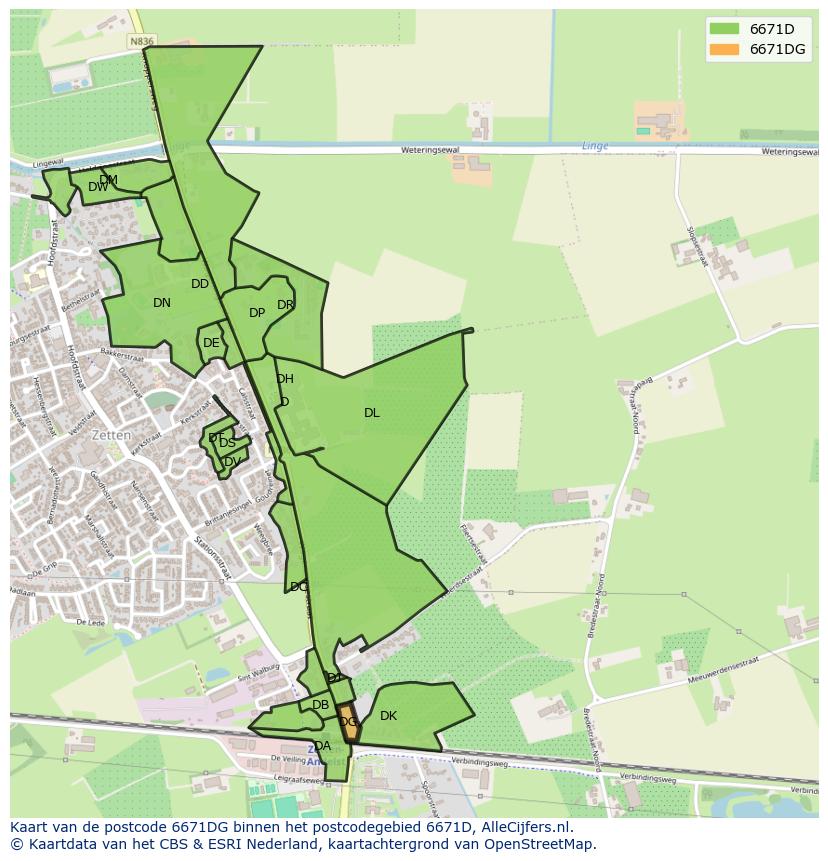 Afbeelding van het postcodegebied 6671 DG op de kaart.