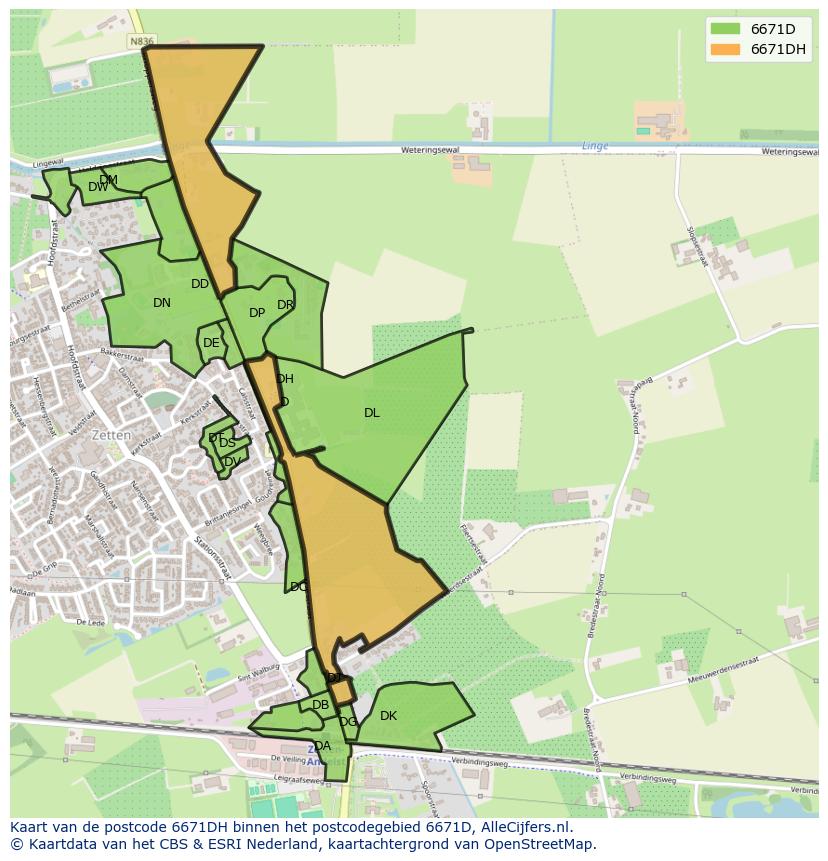 Afbeelding van het postcodegebied 6671 DH op de kaart.