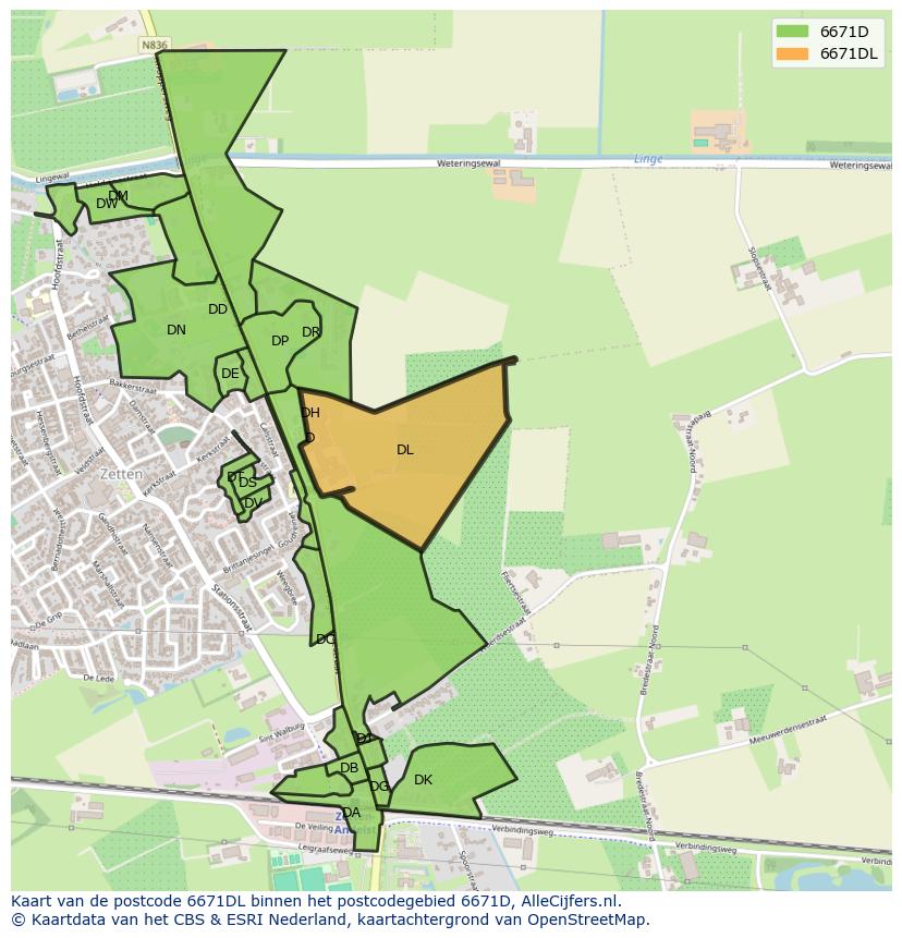 Afbeelding van het postcodegebied 6671 DL op de kaart.