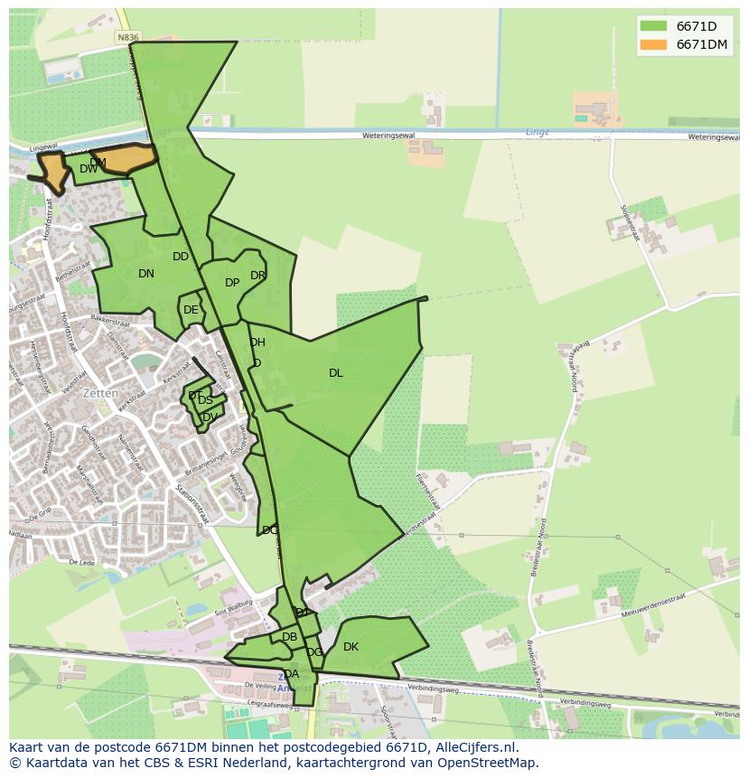 Afbeelding van het postcodegebied 6671 DM op de kaart.