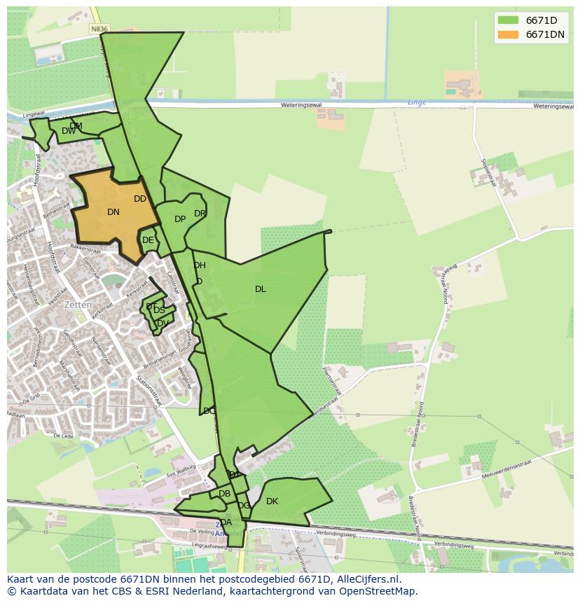 Afbeelding van het postcodegebied 6671 DN op de kaart.