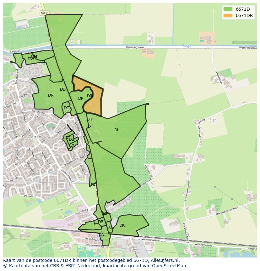 Afbeelding van het postcodegebied 6671 DR op de kaart.